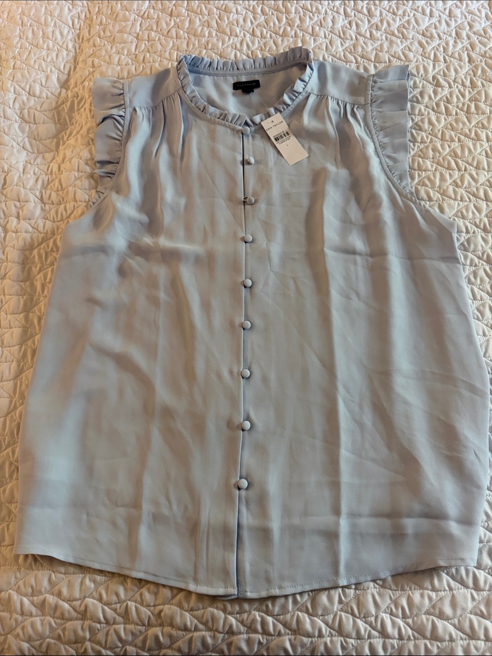 Ann Taylor Pale Blue Ruffle Cap-Sleeve Button Front Blouse